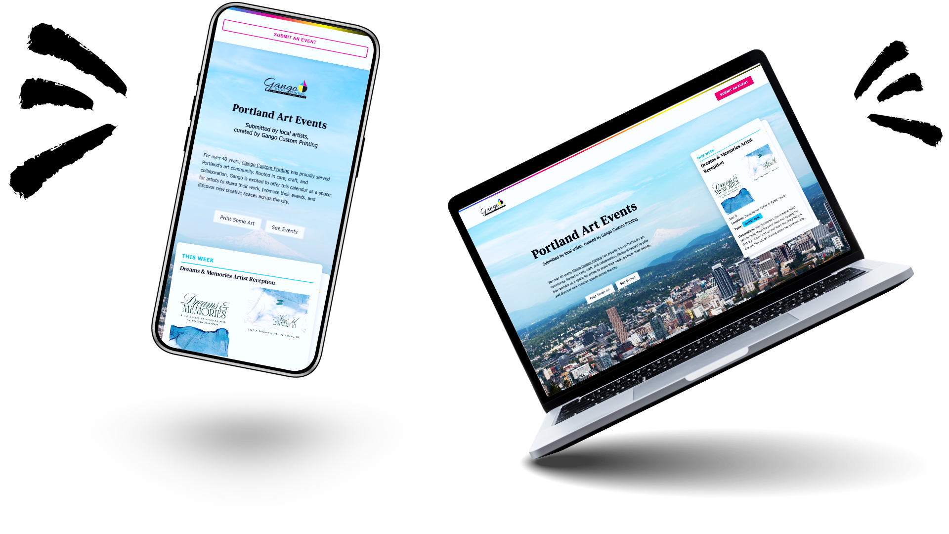 Mockups of the Gango Art Events Calendar